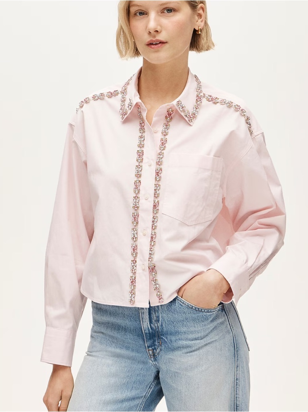 J crew white rose Étienne cropped button-up shirt in embellished cotton poplin